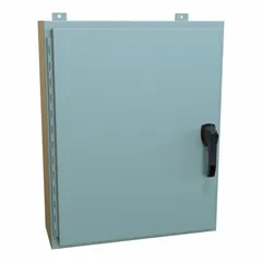 This steel washdown enclosure measures 30 x 24 x 8 inches and is rated NEMA 12/13/3R/4 for protection against dust, falling dirt, rain, and hose-directed water. It features a solid hinged cover with a handle closure and does not include knockouts. Suitable for housing electrical controls and instrumentation in industrial environments requiring washdown or outdoor protection.
