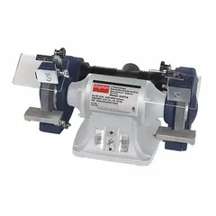 This fixed-speed bench grinder is powered by a 3/4 hp motor operating at 3,450 RPM and accepts wheels up to 8 inches in diameter. It runs on 220/440V AC and includes a dust exhaust port to help maintain a cleaner work area. Typical applications include sharpening, deburring, and shaping metal parts in maintenance and fabrication settings.