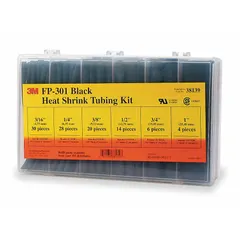 This heat shrink tubing assortment kit includes 102 pieces in sizes 3/16 in, 1/4 in, 3/8 in, 1/2 in, 3/4 in, and 1 in, each 6 in long. The tubing has a 2:1 shrink ratio and an inner diameter before shrinking of 1/4 in, suitable for wire sizes from 20 AWG to 500 MCM. Used for insulating, protecting, and bundling electrical wires and cables in maintenance and repair applications.