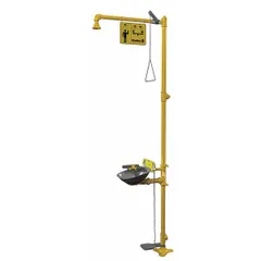 This floor-mount emergency station combines a shower and eyewash in a single unit. The uncovered design features a stainless steel bowl for the eyewash and galvanized steel pipe for the shower. It is intended for use in industrial settings where immediate decontamination is required.