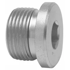 This hydraulic extreme pressure threaded pipe plug is made from 316L stainless steel for corrosion resistance. It features a 14 mm metric thread and a maximum operating pressure of 630 bar. The plug measures 21/32 in length and is used to seal ports in high-pressure fluid systems, such as hydraulic and pneumatic circuits.