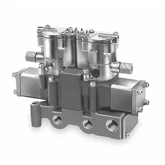 Four-way, three-position directional control valve with double solenoid actuation, closed center, plug-in electrical connection, and locking manual override. Internal pilot and solenoid return. Suitable for pneumatic actuator and cylinder control in industrial automation systems.