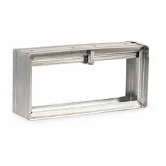 This rectangular fire damper features a curtain blade type with gravity closure, designed for vertical mounting. It is constructed from galvanized steel and measures 9 3/4 inches in height, 11 3/4 inches in width, and 3 3/4 inches in length. Used in HVAC ductwork to automatically close and block flame and smoke spread.