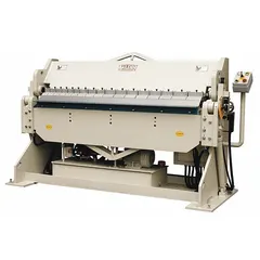 Hydraulic box and pan brake with foot pedal and hand lever actuation. Includes a finger attachment and angle gauge. Used for bending sheet metal into boxes, pans, and custom shapes in fabrication and light industrial applications.
