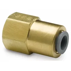 This brass 45-degree flare tube fitting features push-to-connect ends for quick installation. It connects 3/8 inch OD tubing to 3/8 inch OD fittings, suitable for pneumatic or hydraulic systems requiring a leak-free seal.