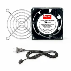 This standard square axial fan kit delivers 16 to 20 cfm airflow at 0.000 in static pressure. It features a polycarbonate blade, measures 3 1/8 in height by 1 in depth, and includes a cord set with NEMA 1-15 plug. The fan has terminals and an IP20 rating, suitable for cooling and ventilating electronic enclosures, control panels, and small equipment.