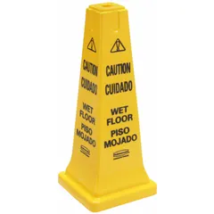 This yellow HDPE safety cone is used to mark wet floors and caution areas in industrial facilities, warehouses, and commercial buildings. It alerts personnel to slip hazards without retroreflective or glow-in-the-dark features, making it suitable for indoor daytime use.