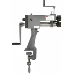This manual bead roller features a 6-inch throat depth and handles steel sheet metal up to 22 gauge. It includes an adjustable depth stop for controlled forming. Typical applications include creating stiffening beads, decorative contours, and rolled edges in light-gauge metal for HVAC, automotive, and general fabrication work.