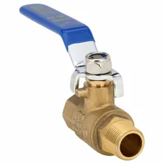 This brass ball valve features a straight body with MNPT x FNPT end connections and a full-port ball for minimal flow restriction. The lever handle provides manual on/off control. Typical applications include use in plumbing and industrial piping systems for isolating or directing flow.