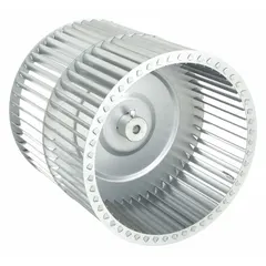 This dual-inlet forward-curved blower wheel is constructed from steel with a convex design. It has a diameter of 10 3/4 inches and a width of 10 3/8 inches, with clockwise rotation at the hub end. Suitable for moving air in HVAC systems, furnaces, and industrial ventilation applications where high airflow at low static pressure is required.