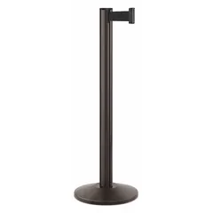 This retractable belt post barrier features a steel base and aluminum post, both finished in black. It includes a 10 ft by 2 in black belt with no legend or pattern. Used for crowd control and area delineation in industrial and commercial environments.