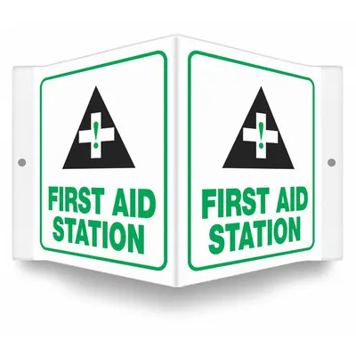 CONDOR Safety Sign: PETG, Mounting Holes Sign Mounting, 6 in x 8 1/2 in Nominal Sign Size - V-Shape Projection First Aid Station Signs