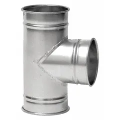 Stainless steel tee branch fitting for 12-inch duct diameter with a 90° angle and 20-inch overall length. Used in ventilation and material handling systems to split or merge airflow.