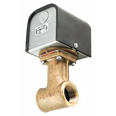 Paddle-type flow switch for liquids, installed inline in 1-inch pipe systems. Detects flow or no-flow conditions for pump protection, boiler low-water cutoff, and cooling water monitoring. Features 1-inch NPT connection and AC contact rating of 3.7 A at 240V full load.
