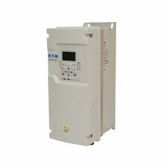 The Eaton PowerXL DG1 is a variable frequency drive designed for industrial high-performance applications. This model provides 20 hp with three-phase output at 525-600V AC. It features an IP21 white enclosure and is suitable for controlling motors in applications such as pumps, fans, and conveyors.