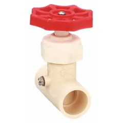 This CPVC stop and waste valve features slip x slip connections for 3/4 in pipe. Rated for 100 psi maximum operating pressure, it is used in plumbing systems to shut off water flow and drain downstream piping. The all-CPVC construction resists corrosion in water and chemical handling applications.