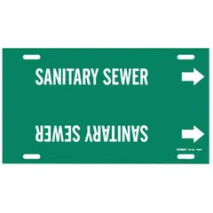 Green pipe marker with white legend reading 'Sanitary Sewer' and directional arrows. Fits pipe outer diameters of 8 to 9-7/8 inches. Strap-on design for secure attachment. Used to identify wastewater lines and indicate flow direction in piping systems.