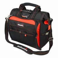 This polyester wide-mouth tool bag from HULTAFORS TOOLS is constructed from ballistic polyester in black and red. It features 55 pockets for organizing hand tools, power tools, and accessories. The wide-mouth opening provides easy access to contents on job sites or in workshops