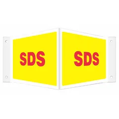 This V-shape projection SDS sign is made of PETG with a nominal size of 8 in x 18 in. It features mounting holes for secure wall attachment and is not retroreflective or glow-in-the-dark. Suitable for indoor industrial environments where consistent ambient lighting is present, it provides clear visual communication for safety instructions or hazard marking.