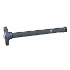 Rim-type exit device with touchbar style for doors up to 36 inches wide. Black finish. ADA compliant. Suitable for commercial and industrial egress applications requiring push-pad operation.