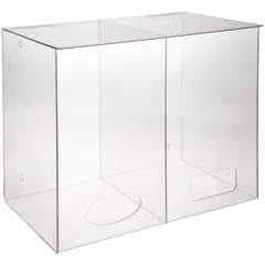 Wall-mounted, hinged-top dispenser made of clear PETG. Measures 19 1/2 in x 11 5/8 in x 17 7/8 in. Two-compartment stack layout holds 288 bouffant caps. Features one-handed access for dispensing bulk beard nets.