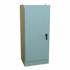 This steel enclosure measures 72 x 31 x 24 inches and is rated NEMA 12/13/3R/4, making it suitable for indoor or outdoor use where protection from dust, falling dirt, rain, sleet, and hose-directed water is required. It features a solid hinged cover with a handle closure. Knockouts are not included. Typical applications include housing electrical controls and equipment in industrial washdown environments.
