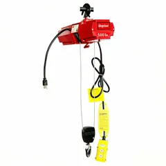 This light-duty, hook-mounted cable hoist is controlled via a pendant and has a 500 lb lifting capacity. It operates on 115V AC power and features a hook with a safety latch. The non-programmable speed control is suitable for stationary lifting tasks in maintenance shops or assembly lines.