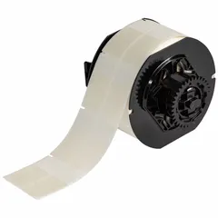 This precut label roll features self-extinguishing vinyl material in a clear matte finish. Each label measures 2 1/4 in x 1 in and is designed for use with the i3300 printer series and B30-R4300 ribbon. Commonly used for wire, cable, and component identification in industrial settings.