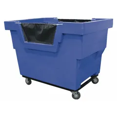 Easy-Load Cube Truck with 26.5 cu ft capacity, rated for 1200 lb. Dimensions: 48 in L x 31 3/4 in W x 37 in H. Blue finish with (2) swivel casters. Used for transporting bulk materials, packages, or waste in warehouses and industrial facilities.
