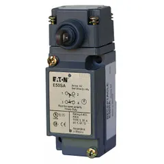 The EATON E50AS3 is a side-mount roller-plunger limit switch from the E50 series, featuring a nylon roller and metallic housing. It provides momentary/momentary actuation and uses screw terminals for electrical connection. Typical applications include position detection on conveyor systems, packaging lines, and material handling equipment.