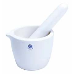 Glazed porcelain mortar and pestle set with 70 mL capacity, 52 mm mortar height, and 115 mm pestle length. Used for grinding, crushing, and mixing laboratory samples, powders, and chemicals. Suitable for pharmaceutical, chemical, and material testing applications.