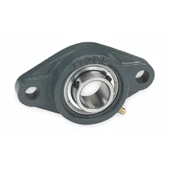 This flange-mount ball bearing features a cast iron housing with set screws for shaft mounting. It has a 1 1/4 in cylindrical bore, uses NLGI #2 equivalent lubricant, and is designed for inch-system applications. The non-split housing measures 5 13/16 in in length and accepts a 7/16 in mounting bolt. Typical uses include supporting rotating shafts in conveyors, fans, and material handling equipment.