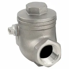 This stainless steel inline swing check valve features a swing-type operation for automatic backflow prevention in piping systems. It has a 1/2 in pipe size with FNPT x FNPT connections, suitable for moderate-pressure applications requiring reliable one-way flow control.