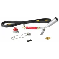 This medium-capacity outdoor torch from FLAME ENGINEERING features a fixed tip and adjustable flame control. It is compatible with propane fuel and includes an external lighter for ignition. The torch produces a wide brush flame pattern suitable for tasks such as weed control, asphalt work, and thawing frozen pipes