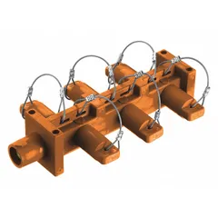 Single-pole distribution block rated 400 A and 600V AC/600V DC. Features 1 male connection and 6 female connections in an orange housing. Used in industrial control panels, switchgear, and power distribution units to split a single high-current feed into multiple branch circuits.
