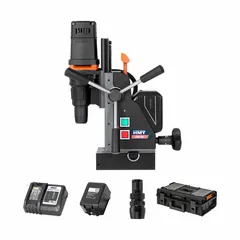 This cordless magnetic drill features a permanent magnet base for secure attachment to ferrous surfaces. Powered by Makita, it operates at a fixed speed of 530 RPM with a brushless motor. Suitable for drilling holes in steel beams and plates in construction, fabrication, and maintenance applications.
