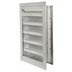 This drainable stationary-blade louver is designed for intake or exhaust applications in ventilation systems. It features a flanged surface-mount frame and extruded aluminum construction. Rated for a maximum air velocity of 3500 fpm, it allows airflow while helping to block rain and debris.