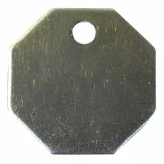 General-purpose blank valve tag made of stainless steel with a silver finish. Octagon shape, 0.035 in thickness. Sold in packs of 100. Suitable for labeling valves in industrial piping systems.