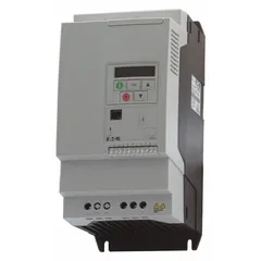 The Eaton PowerXL DA1 is a variable frequency drive designed for controlling the speed of three-phase AC motors. This Advanced MicroDrive model delivers 10 hp with a maximum output current of 18 A and features a white enclosure. It is suitable for applications such as conveyors, pumps, and fans, enabling energy optimization and reduced mechanical stress.