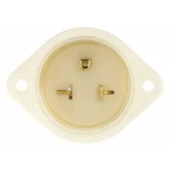 General purpose inlet with NEMA 5-20P configuration. Rated 125V AC, 20 A, 2 poles, 3 blades. White finish. Used for connecting portable generators or temporary power sources to equipment in industrial and commercial settings.