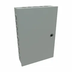Steel indoor enclosure with hinged solid cover, painted finish. Measures 18 x 12 x 4 inches. NEMA 1 rated for dry indoor locations. Includes knockouts for cable entry and 1/4-turn latch closure. Suitable for protecting electrical connections, switches, and controls.