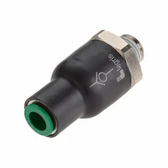Inline check valve with polymer poppet and swing design. Body type: inline valve body. Connection: tube x MNPT. Pipe size: 3/8 in. Used in pneumatic and low-pressure fluid systems to prevent reverse flow in instrumentation, control panels, and metering lines.