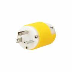This straight blade plug is rated 20 A at 250 V AC with a NEMA 6-20P configuration. It features a white/yellow nylon housing and is designed for 2-pole, 3-wire grounding applications. Typical uses include connecting industrial machinery, pumps, or controls to a power source in commercial and industrial facilities.
