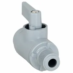 This 1/4 in PVC ball valve features a straight body with full port design for minimal pressure drop. Connections are male NPT x female NPT. The wedge handle provides clear visual indication of valve position. Suitable for on/off flow control in low-pressure piping systems handling compatible fluids.