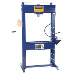 Manual H-frame hydraulic press rated for 25 tons of pressing force. Used for pressing, bending, straightening, and assembling parts in automotive repair, metal fabrication, and industrial maintenance.