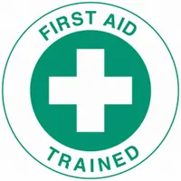 Hard Hat Label: First Aid Trained, 2 in Dia, English, Non-Reflective, 4 Labels, Circle, Std, 4 PK (MPN 42241)