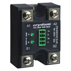 Panel-mounted dual solid state relay with SCR AC output, rated 48 to 600VAC and 50A maximum output current. Features Form A (SPST-NO) switch configuration, 10mA input current, and screw clamp electrical connection. Not finger-safe; use without a heat sink is not recommended. Suitable for switching AC loads in industrial control panels and automation systems.