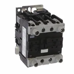 This IEC magnetic contactor is a non-reversing device with 4 poles and 2 normally open and 2 normally closed auxiliary contacts. It is rated for 50 A and has a 120V AC coil. Typical applications include switching motors, lighting, and heating loads in industrial control panels.