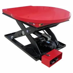 This Dayton rotating-top electric lift table uses a hydraulic mechanism to raise and position loads up to 2000 lb. The 46-inch diameter platform rotates for convenient load orientation. Maximum lifting height is 41-1/2 inches. Operates on 115V AC. Typical applications include assembly lines, workstations, and warehouse operations requiring ergonomic lifting and positioning.