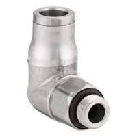 This stainless steel elbow fitting features a BSPP male thread (G1/8) on one end and a push-to-connect connection for 6 mm OD tubing on the other. It is used in pneumatic and fluid handling systems to connect tubing to threaded ports, providing a corrosion-resistant, leak-resistant joint in industrial automation, material handling, and process control applications